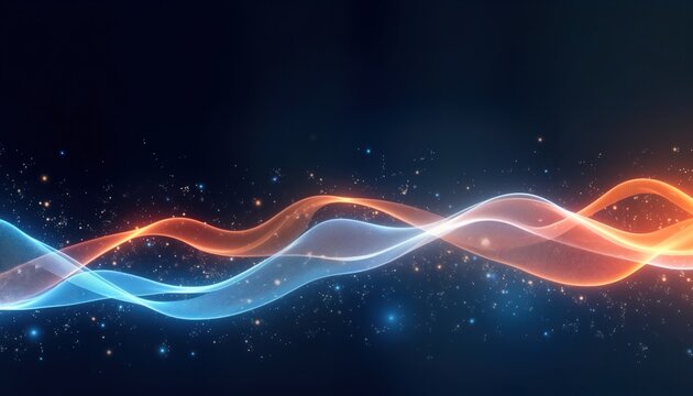 Dynamic abstract design with glowing waves of orange, blue. Modern visuals for tech presentation conference. Vibrant colors create dynamic look. Abstract shapes, motion give feeling of innovation,