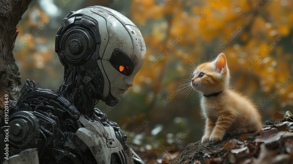 Poster Robotic Aid: A Heartwarming Scene of a Humanoid Robot Rescuing a Stranded Kitten from a Tree