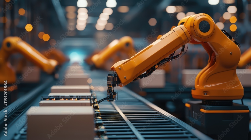 Poster robotic arm in automated factory production line with bokeh effect