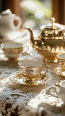 Fototapeta premium Elegant Golden Tea Set on Lace Tablecloth Amid Natural Light