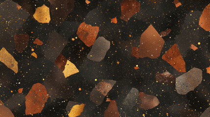 pattern terrazzo-style created in warm, earthy tones. On a dark background,
