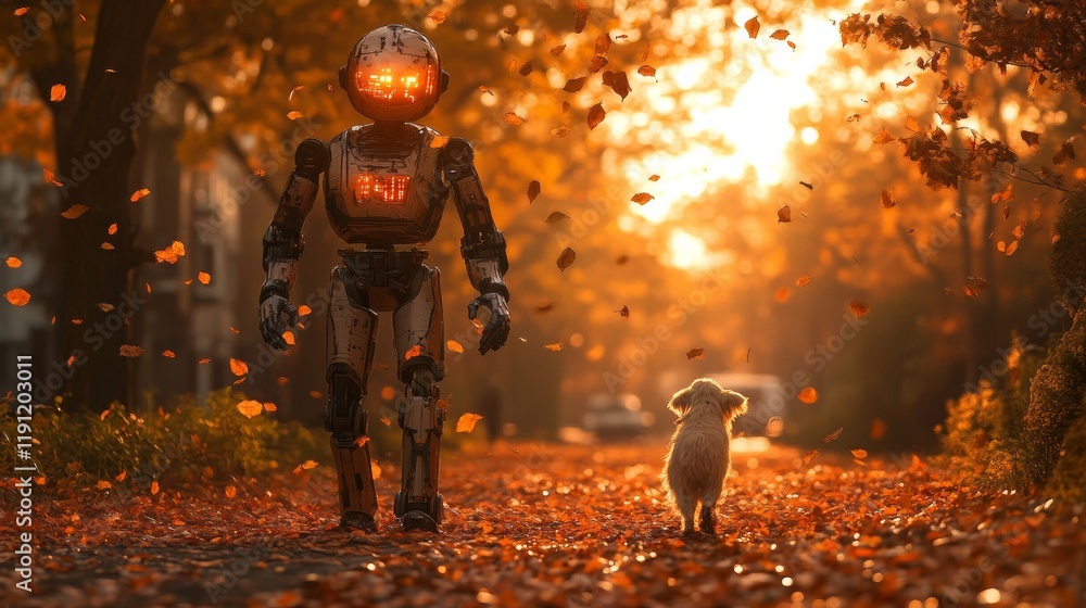 Poster harmony in motion: humanoid robot enjoying a stroll with a dog in serene natural setting