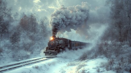 Steam train chugs through snowy winter woods.