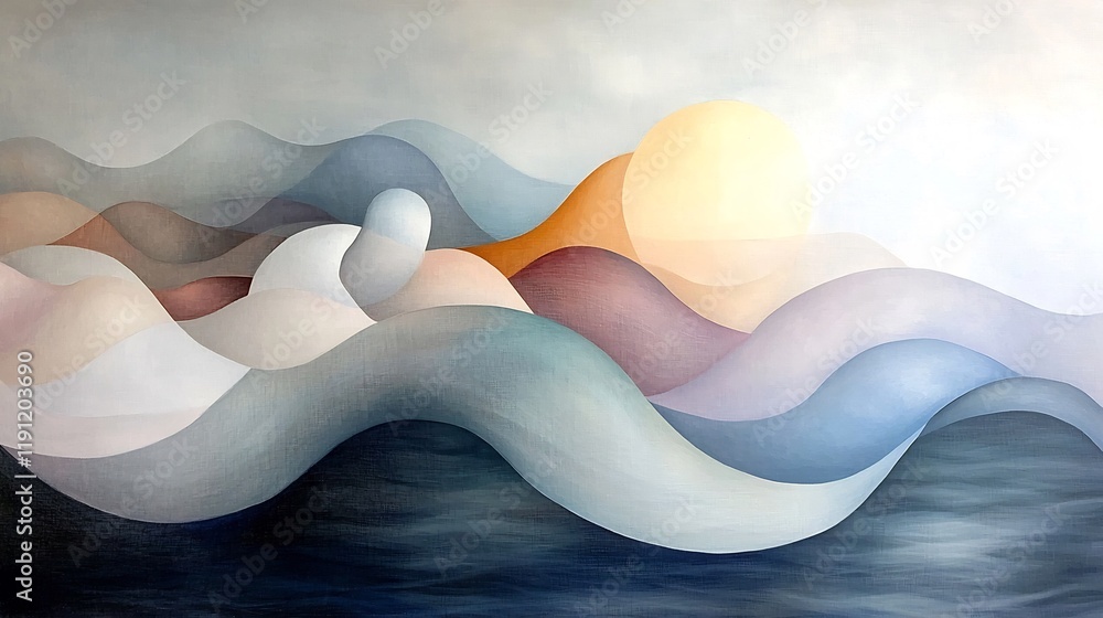 Poster serene abstract landscape with peaceful curving forms and muted color scheme calming expressionist a