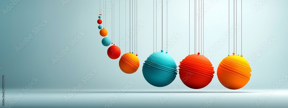 Poster mesmerizing 3d animation showcasing an oscillating pendulum with colorful spheres swinging at variou