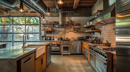 Fototapeta premium Modern Industrial Kitchen with Open Space and Natural Light