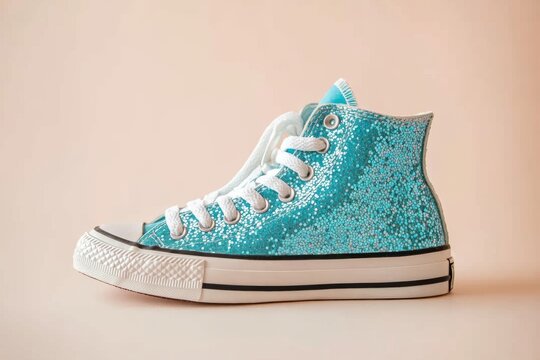High-top sneakers with shiny details. Glitter sporty shoes with white soles. Sparkly blue sneakers on a beige background. Sparkling pair of casual sneaker shoes. Glittery Footwear. Glamour urban shoe