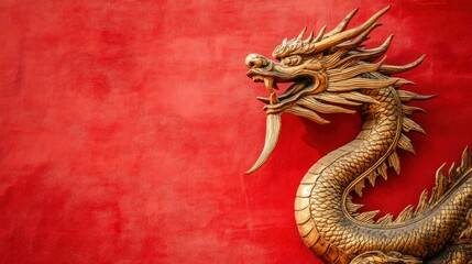 Obraz premium Golden Dragon Sculpture Against Red Wall Background