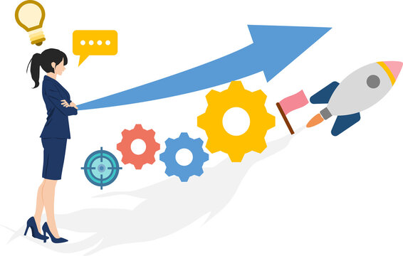 businesswoman with rocket, gears, and arrow clip art preview