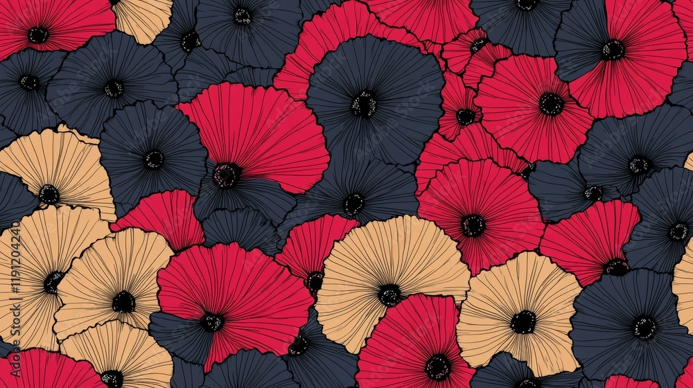 Poster seamless floral design with overlapping patterns in vibrant colors