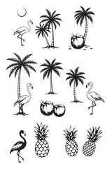 Fun tropical designs with flamingos, coconuts, and pineapples in black ink, perfect for vacation-themed branding and tropical designs.