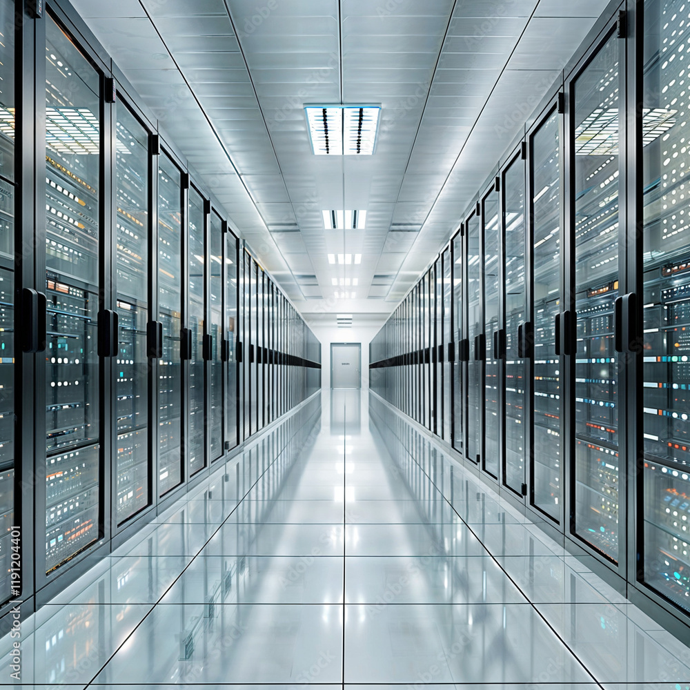 Poster modern server room with rows of data racks behind glass doors. clean, technological space for data p