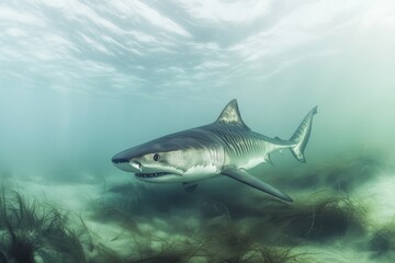 Fototapeta premium Tiger shark in murky water with swirling silt mysterious atmosphere