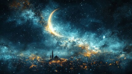 Starry Night Scene with Crescent Moon and Cityscape for Ramadan
