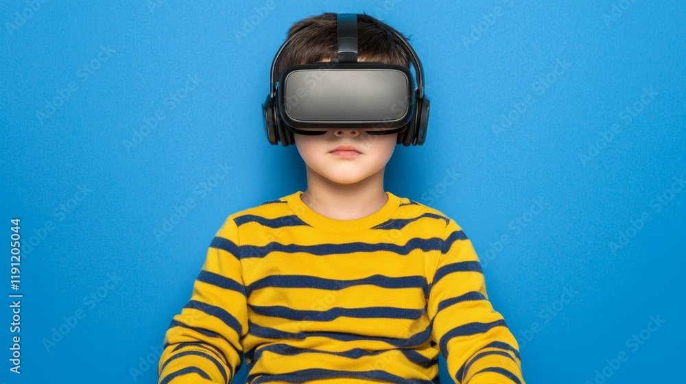 Poster child exploring virtual reality technology with headset in studio