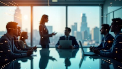 Business people in meeting room. Silhouettes of executives in conference room. Abstract digital lines overlayed on scene. Indoor setting in modern office. City view. Teamwork, innovation key