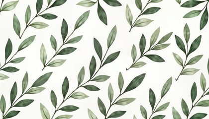 Delicate olive branches with sage green leaves on white background. Seamless pattern. Suitable for fabric, wallpaper, paper. Elegant, stylish design. Simple, subtle floral pattern. Modern aesthetic.
