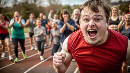 Man with Down syndrome  in a red T-shirt running at sports event