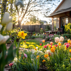 Vibrant spring garden blooming in the warm afternoon sun.  Flowers in full bloom, backyard setting.