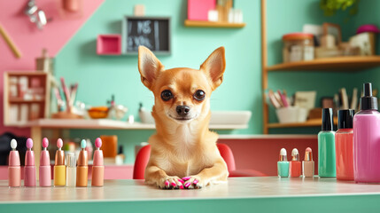dog chihuahua, sitting calmly in beauty salon, receiving a manicure. stylish, modern interior with soft pastel tones, professional grooming tools, and clean workspace. lots of colorful nail polishes,