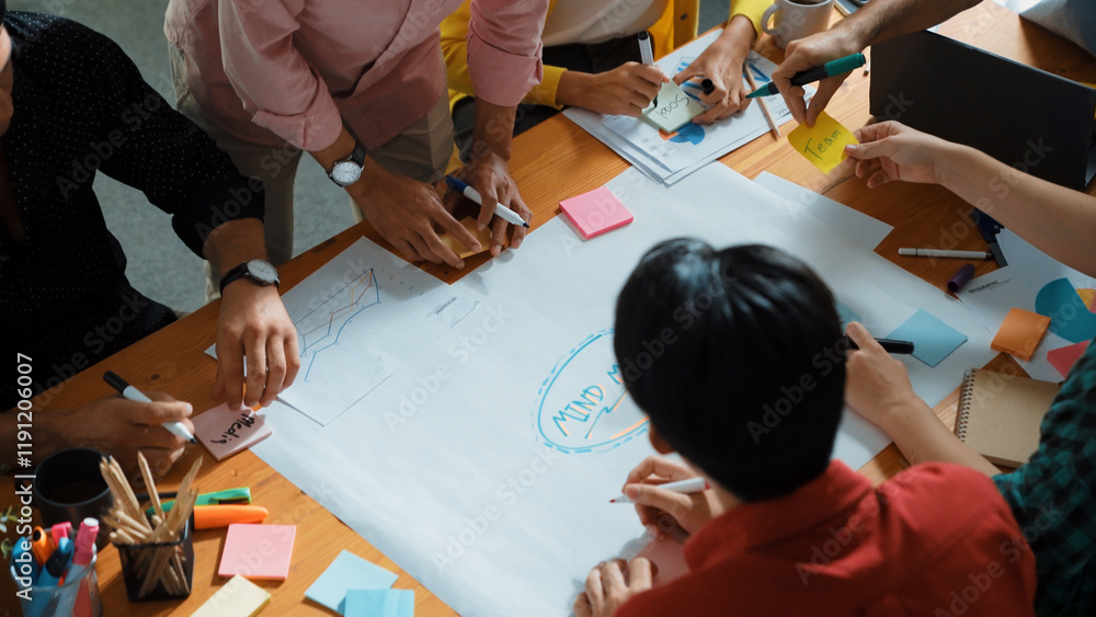 Poster top view of business team in casual cloth hand writing idea on sticky notes. closeup of diverse peop