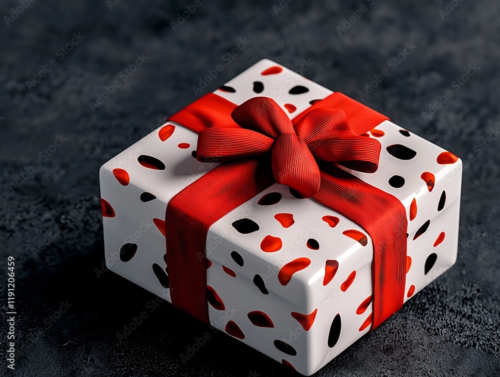 Poster elegantly wrapped crimson bow gift box with a striking polka dot pattern enclosed in an 3d compositi