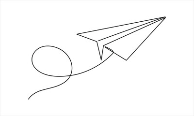 Paper plane in continuous one line drawing. Airplane vector art. Abstract email, mail plane doodle vector illustration. Travel business concept icon. Minimalist design idea. White background.