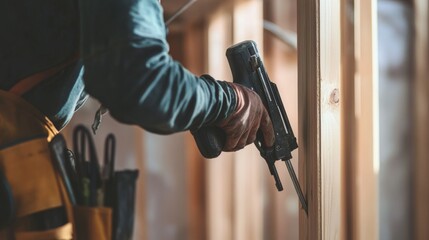 A close-up of a construction worker holding a nail gun, with a wooden frame and tools visible, Framing scene