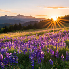 Obraz premium Sunset over a field of purple wildflowers with mountain backdrop. Golden hour light creates a magical scene.
