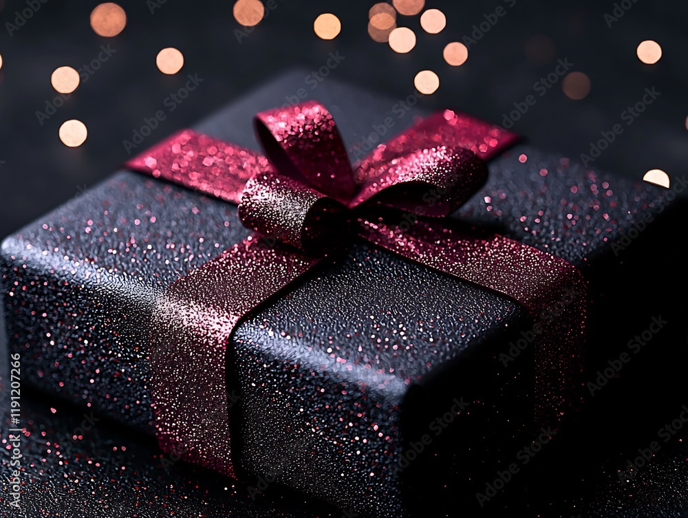 Poster pristine wrapped gift box adorned with shimmering crimson ribbon in a close up frontal cinematic com