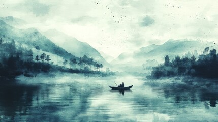Fototapeta premium Serene Misty Landscape with a Rowboat