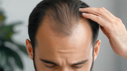 Fototapeta premium Man with thinning dark hair examining scalp with hand, showing concern about hair loss
