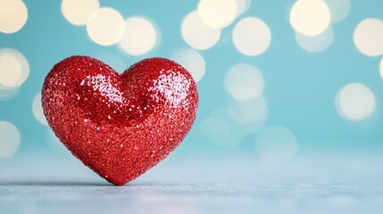 Obraz premium Red glitter heart standing on blue background with bokeh lights representing Valentine's Day and romantic love