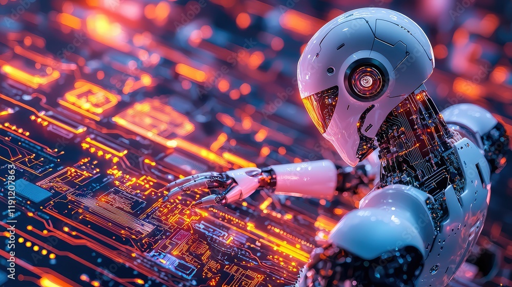 Poster futuristic robot interacting with digital interface and circuitry