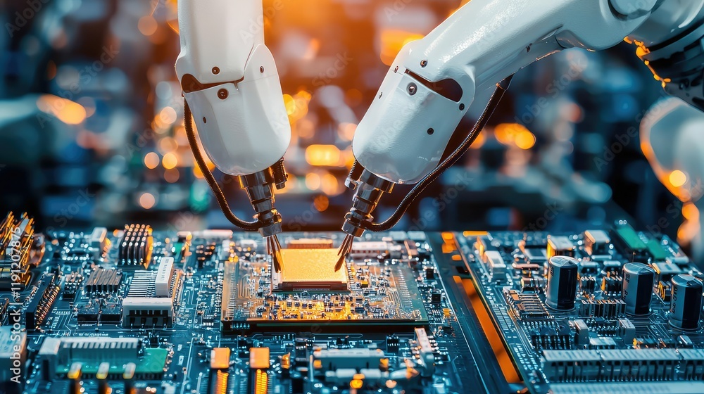 Poster robotic arms assembling circuit board in high-tech environment