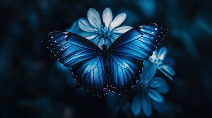 Dark Blue Morpho Butterfly Among Flowers