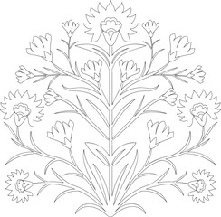 Mughal Floral Outline Design, Symmetrical Flower Illustration