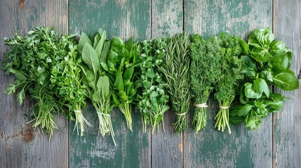 Fresh Green Herbs on Rustic Wooden Table for Culinary Use