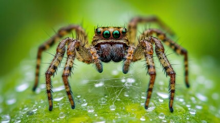 Fototapeta premium A Colorful Jumping Spider on a Dewy Green Leaf