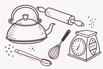 Hand-drawn kitchen utensils, vintage cooking tools illustration, pastel color palette, whimsical doodle style, retro kitchenware collection, culinary equipment sketch, cookware set drawing, cute kitch