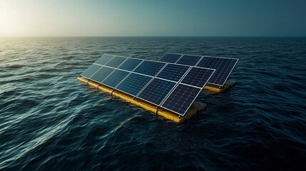 Offshore floating solar photovoltaic array shimmering across the gently rippling ocean