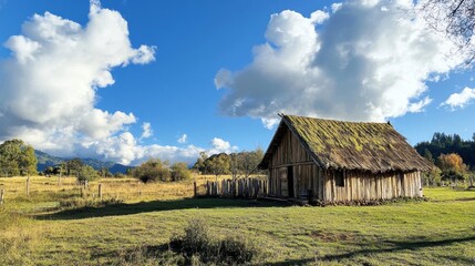 Obraz premium Rustic Wooden Cabin in a Sunny Field