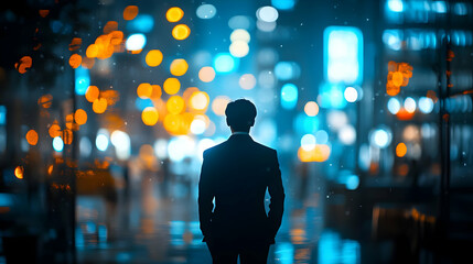 Silhouette of a Man Standing in a City at Night with Bokeh Lights - Illustration