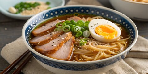 Shoyu ramen noodle with pork and egg with vegetables hot soup gourmet Asian Japanese or Chinese traditional meal plate, delicious ingredients soup with beef meat