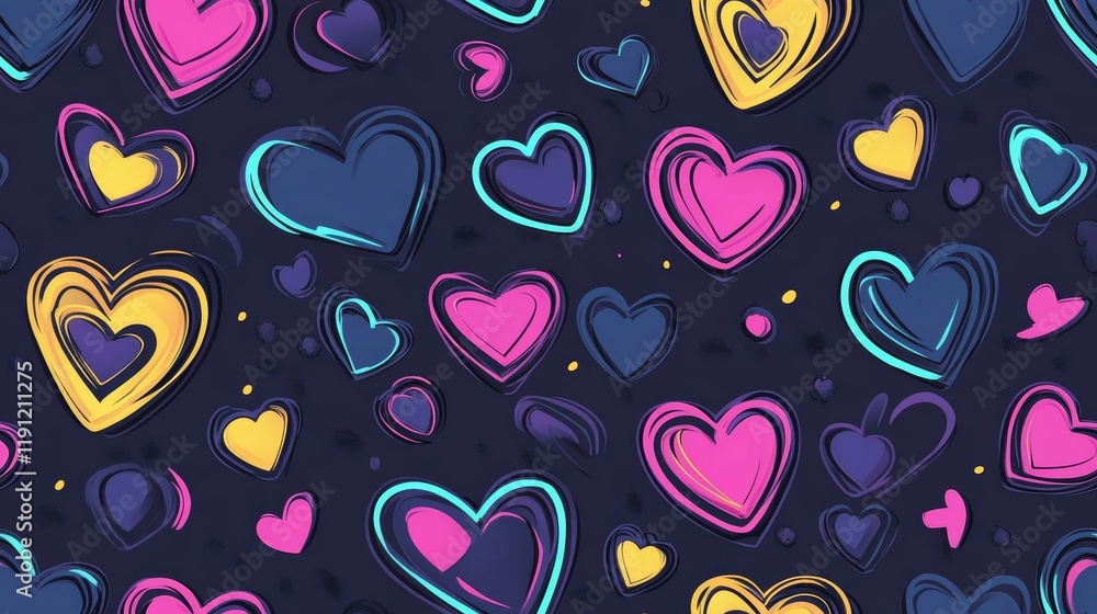 Poster neon heart pattern with colorful forms and vibrant seamless design