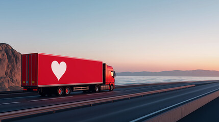 Red truck with heart logo on trailer driving along a coastal road at sunset. Banner with copy space