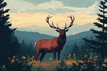 Fototapeta premium Majestic Elk Stands in Mountainous Forest Landscape