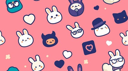 Fototapeta premium Whimsical Faces with Glasses and Hats on Pink Background