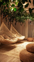 Cozy Indoor Space with Hammocks and Greenery for Relaxation