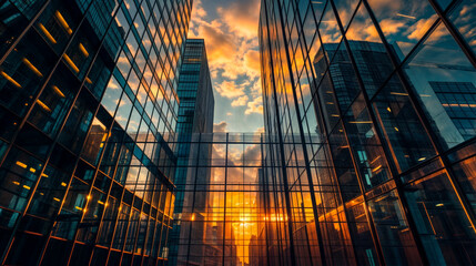 Modern skyscrapers with glass facades reflect a vibrant sunset sky. Low angle perspective emphasizes the towering architecture and urban skyline. Evokes themes of business, progress, and city life.

